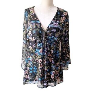 Show Me Your Mumu Roxy Romper Black Floral V-Neck Women Medium Bell Sleeve Boho